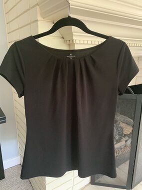 Worthington Black Short-Sleeve Pleated Neck Blouse Petite Small